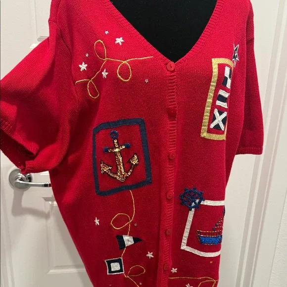 Susan Graver Red Nautical Cardigan - Picture 8 of 12